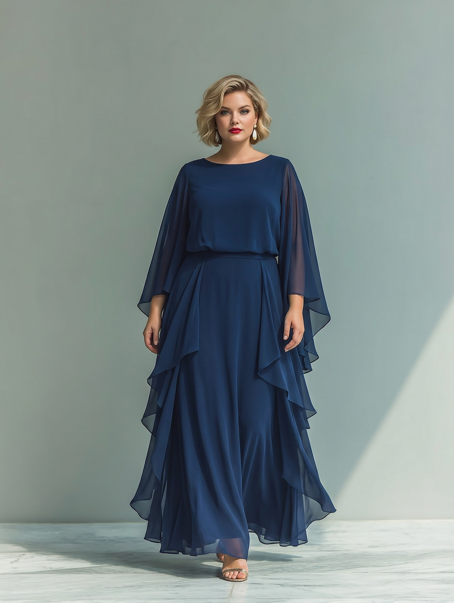 Marinblå Chiffon Top Set med Utsvängda Ärmar och Rakbenade Byxor med Ruché Detaljer