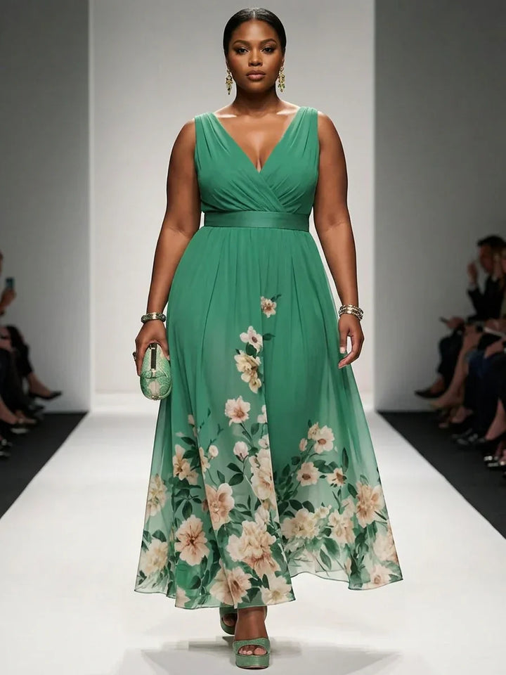 Salma | Ljusblå Blommig Chiffon V-ringad Maxiklänning
