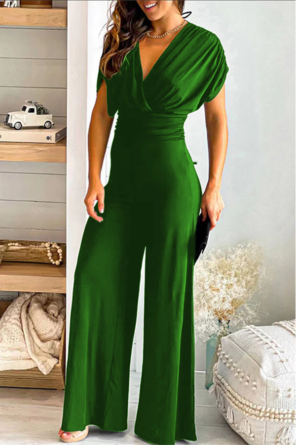 Zaina - V-ringad solid slim fit Midja Vid Ben Jumpsuit
