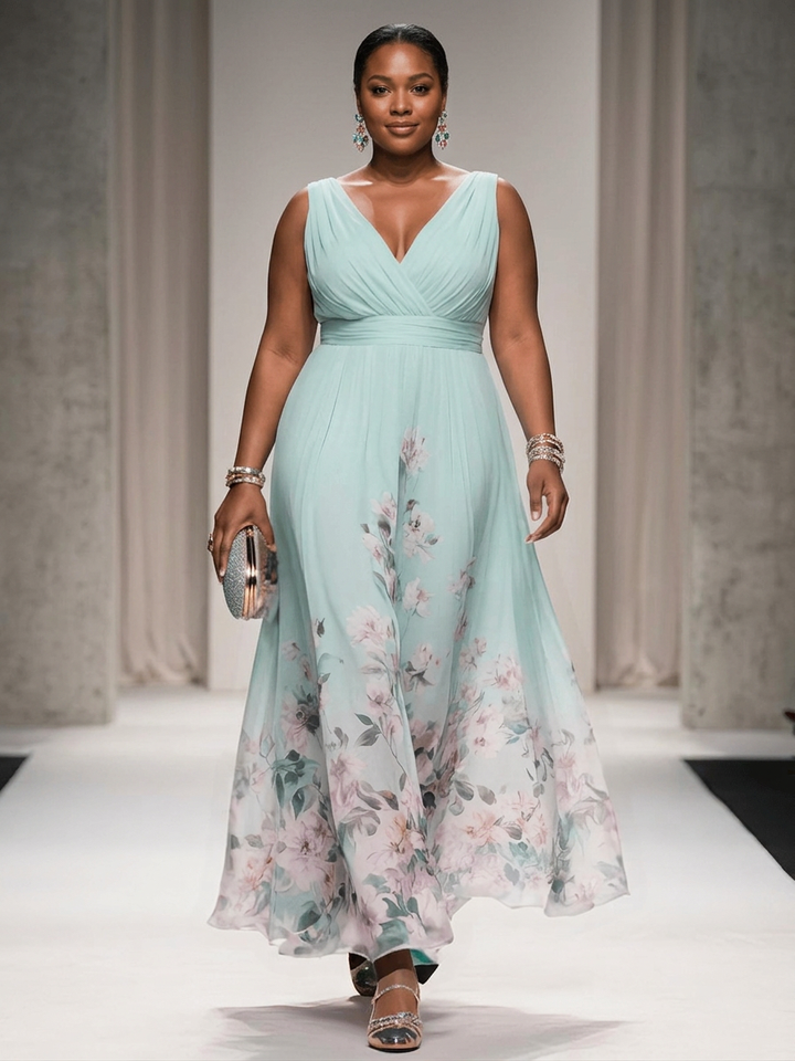 Salma | Ljusblå Blommig Chiffon V-ringad Maxiklänning