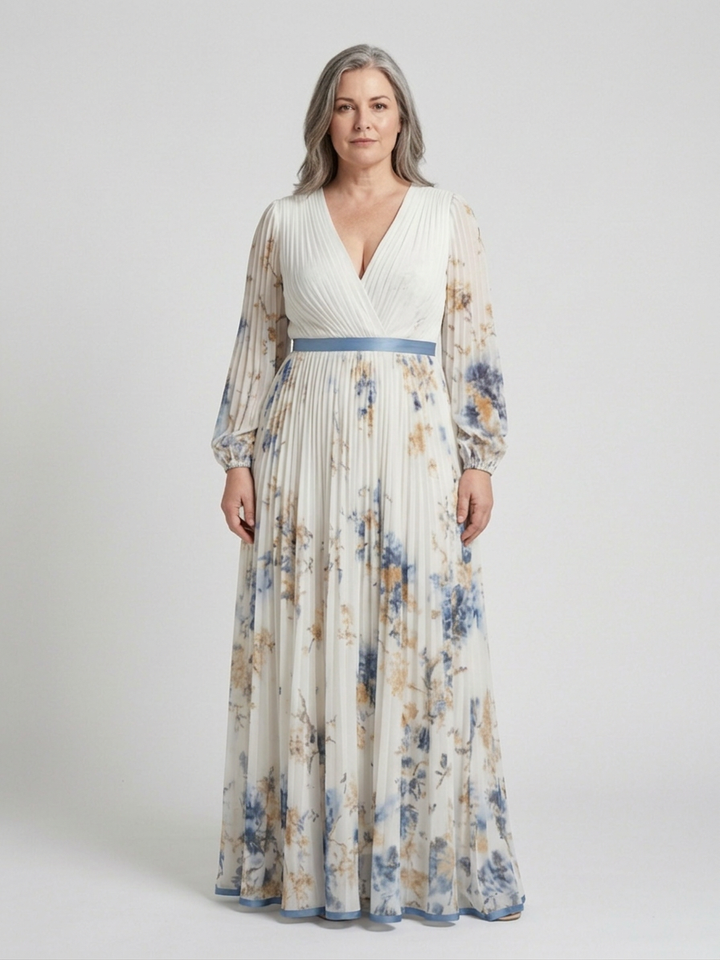 Nadia | Långärmad V-ringad Blommig Maxiklänning