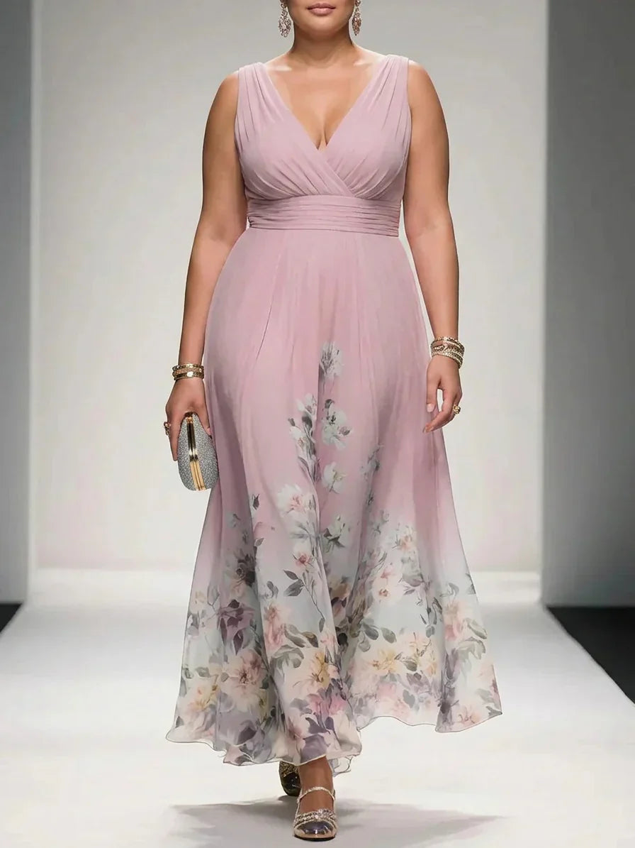 Salma | Ljusblå Blommig Chiffon V-ringad Maxiklänning