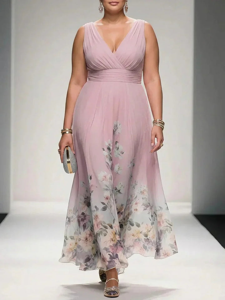 Salma | Ljusblå Blommig Chiffon V-ringad Maxiklänning