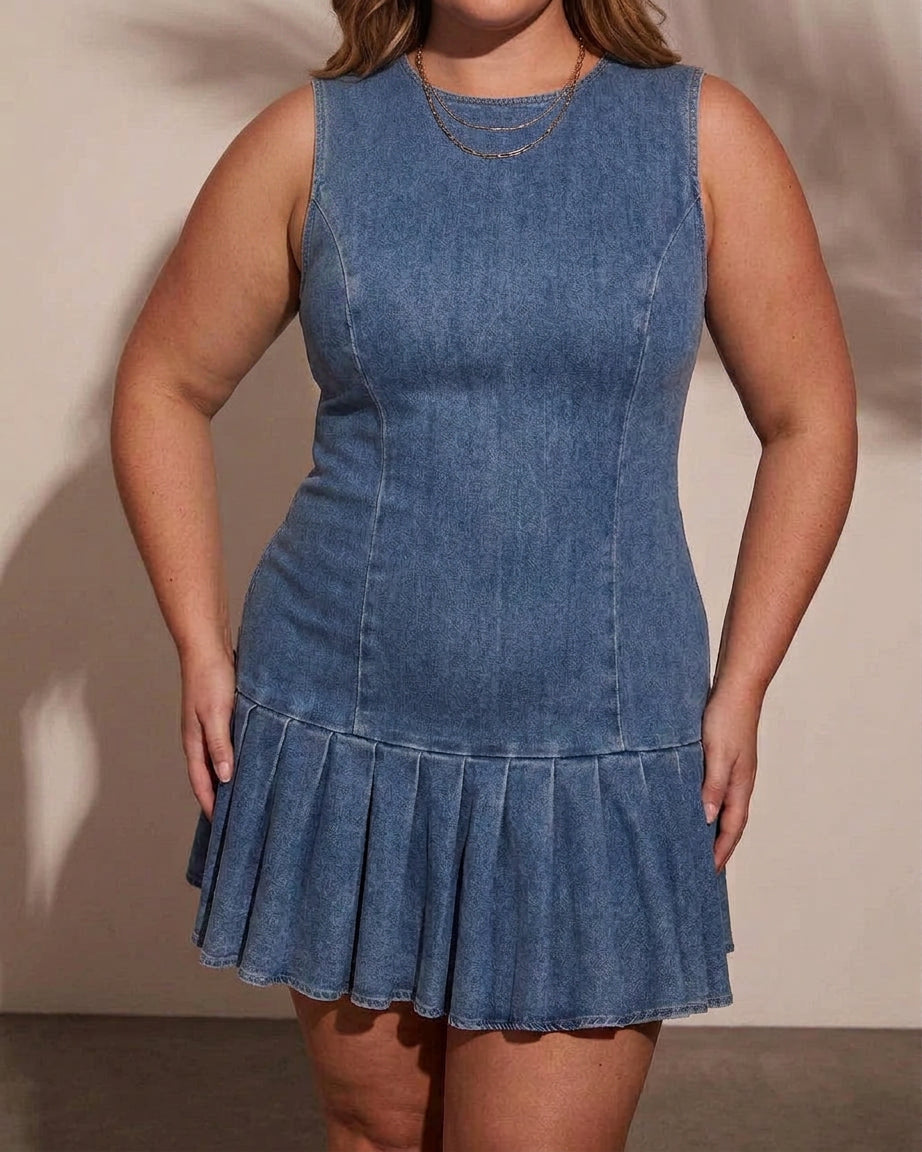 Saffrans Fållad Denim Klänning