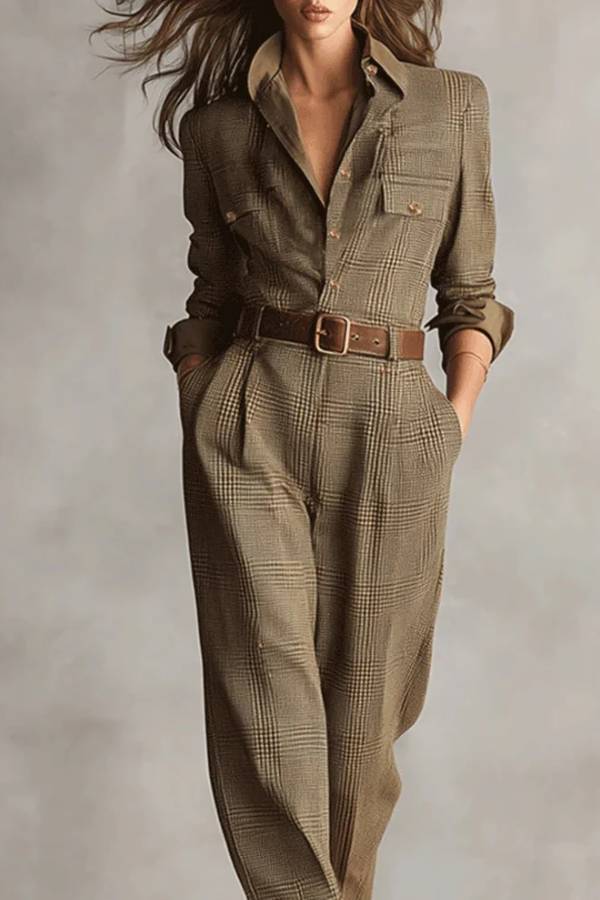 Ember - Brun Sofistikerad Tweed Textur Rutig Utility Jumpsuit