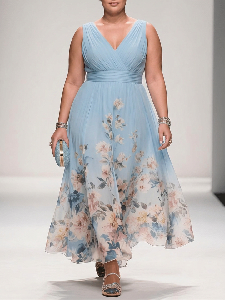 Salma | Ljusblå Blommig Chiffon V-ringad Maxiklänning