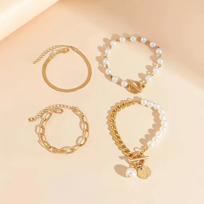 Fauna Gold 4-delars armbandset - Orm, Pärlor &amp; Länkar | Guld