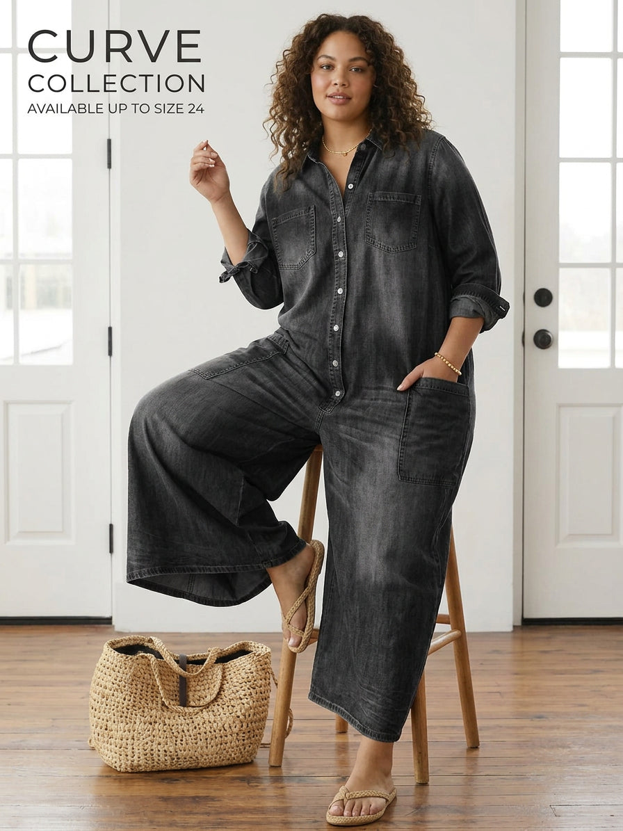 Pearl | Vintage Tvättad Mjuk Bomullsdenim Jumpsuit med Knäppning