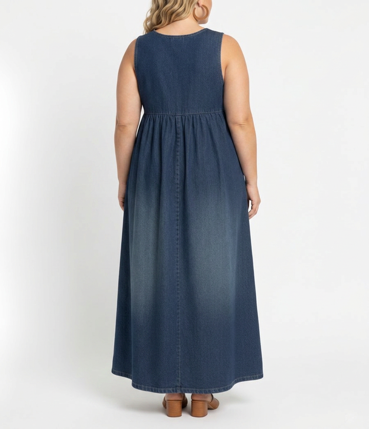 Sasha | Vintage Tvättad Mjuk Bomullskänsla Denim Maxi Klänning