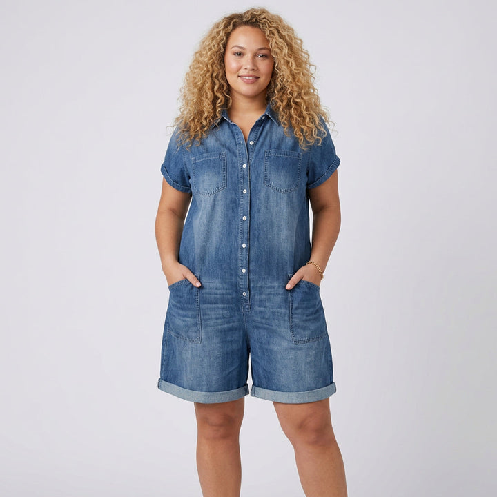 Katya | Vintage Kort Bomulls Denim-Look Byxor