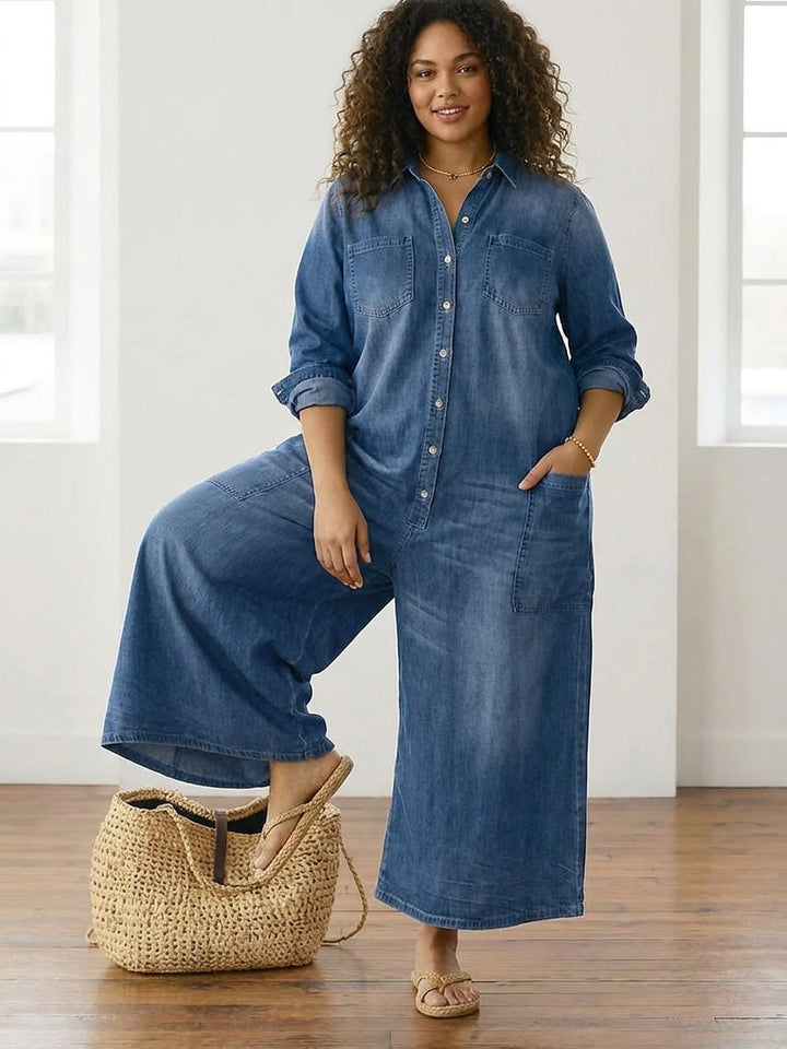Pearl | Vintage Tvättad Mjuk Bomullsdenim Jumpsuit med Knäppning