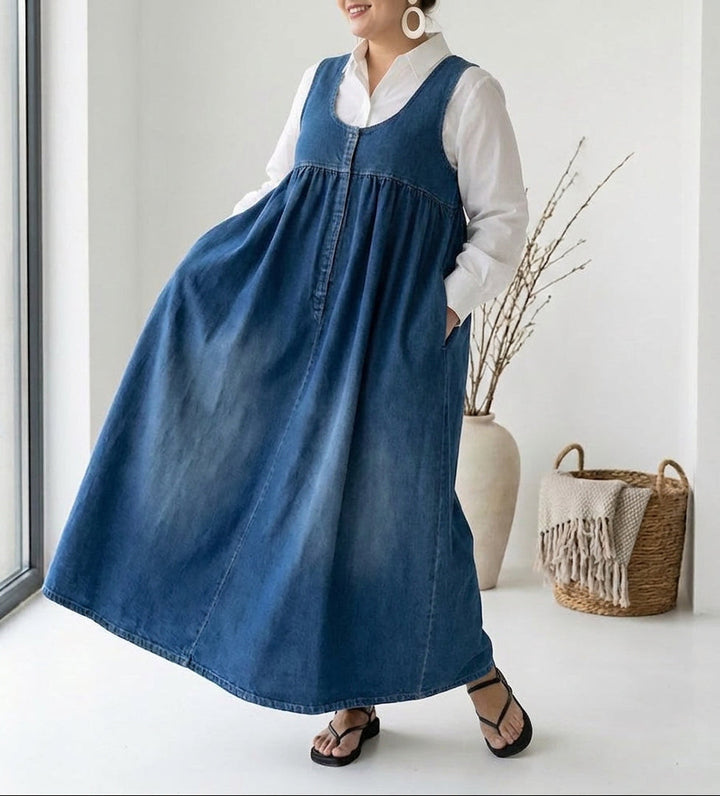 Sasha | Vintage Tvättad Mjuk Bomullskänsla Denim Maxi Klänning