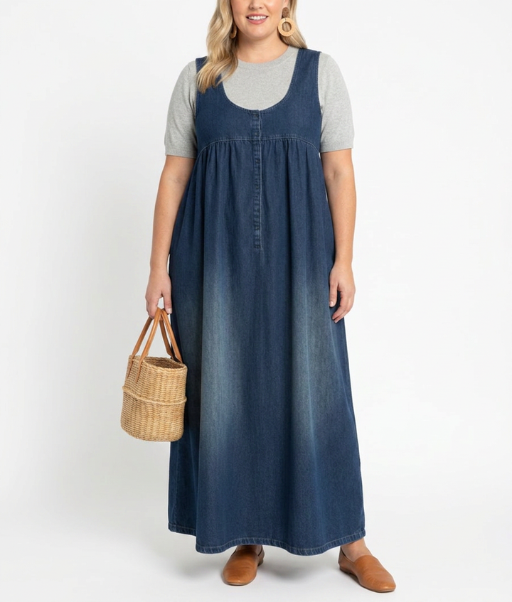 Sasha | Vintage Tvättad Mjuk Bomullskänsla Denim Maxi Klänning