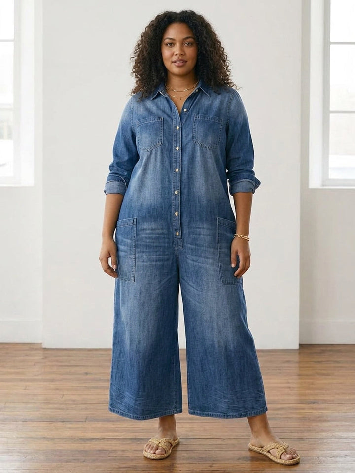 Pearl | Vintage Tvättad Mjuk Bomullsdenim Jumpsuit med Knäppning