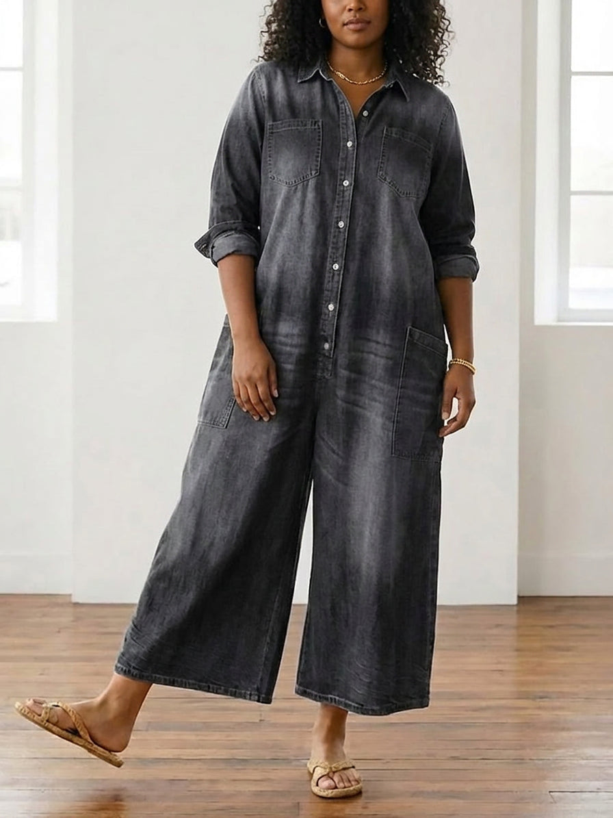 Pearl | Vintage Tvättad Mjuk Bomullsdenim Jumpsuit med Knäppning