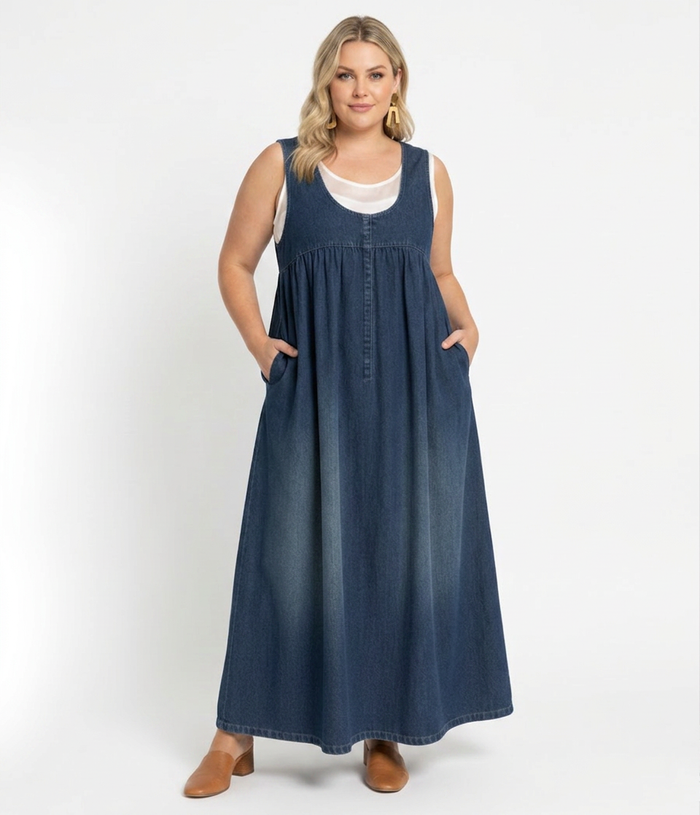 Sasha | Vintage Tvättad Mjuk Bomullskänsla Denim Maxi Klänning
