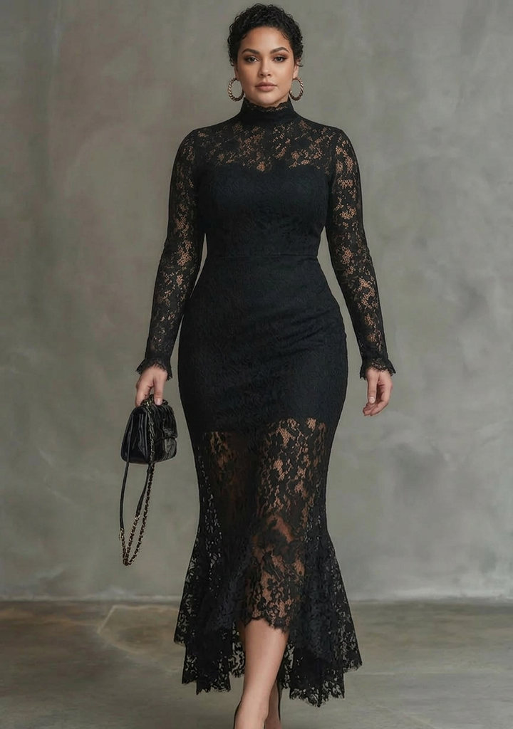 Elegant Svart Stretch Spets Fishtail Maxi Klänning