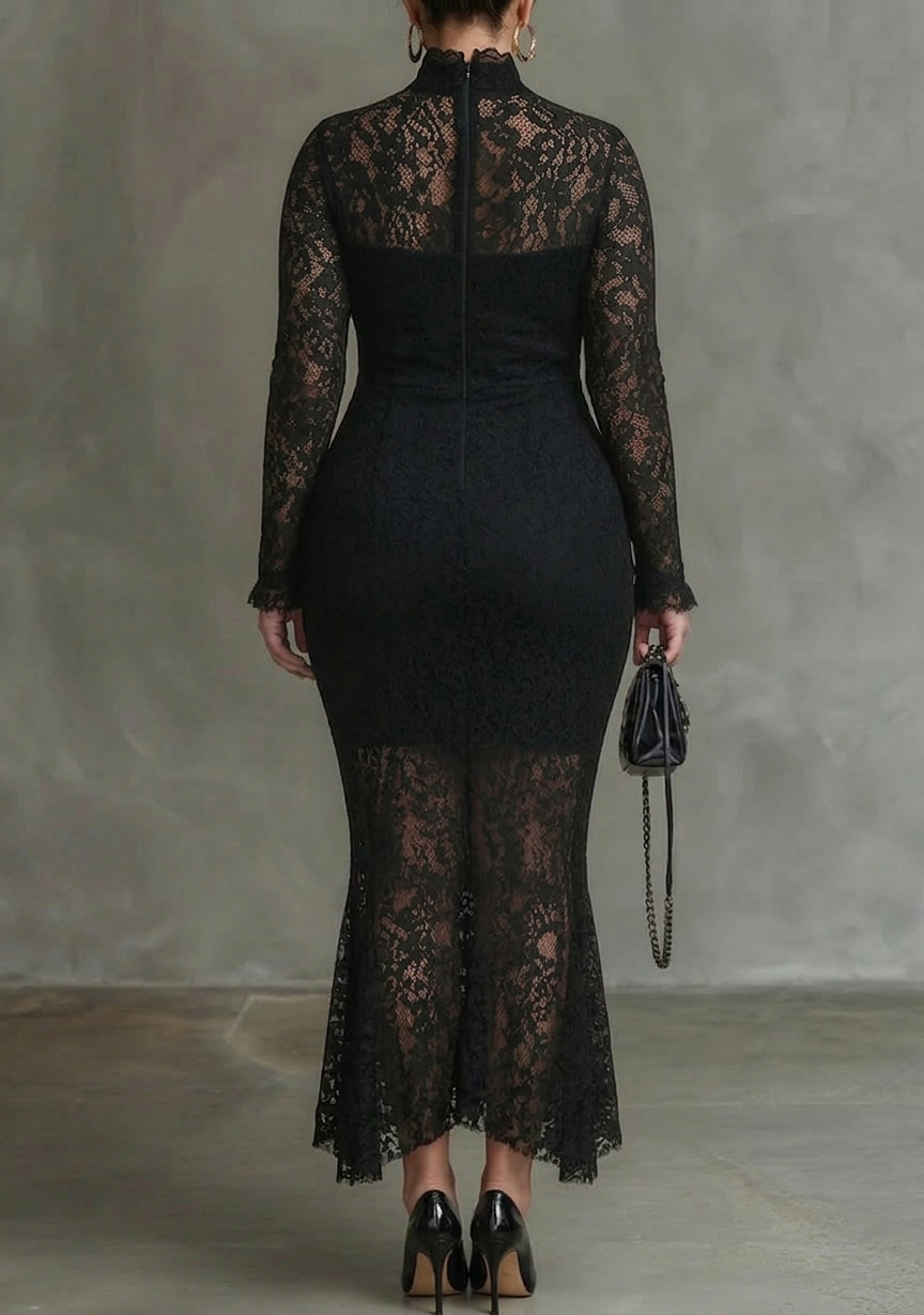 Elegant Svart Stretch Spets Fishtail Maxi Klänning