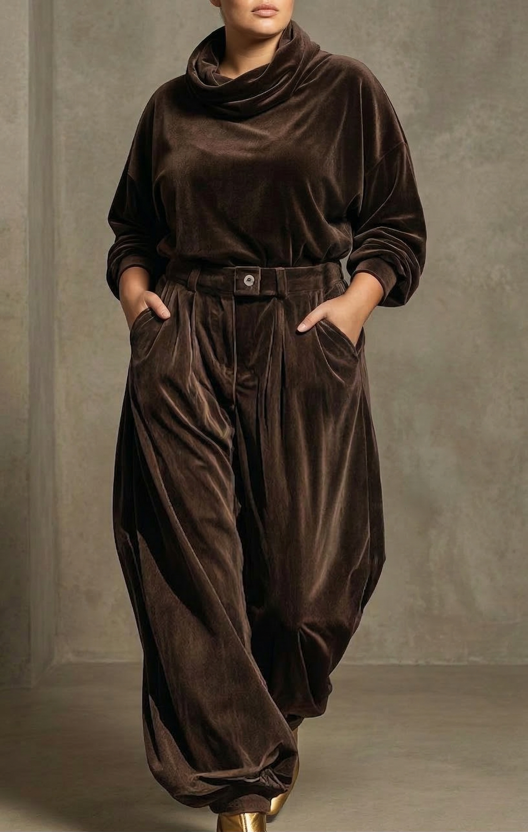 Vintage brun sammet hoodie och lösa byxor set (Inkluderar bälte)