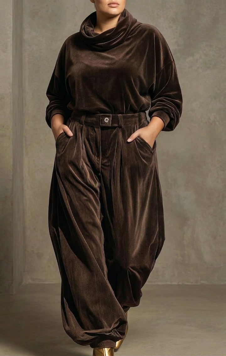 Vintage brun sammet hoodie och lösa byxor set (Inkluderar bälte)