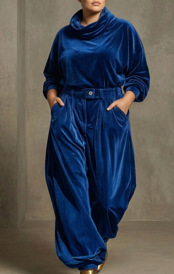 Vintage brun sammet hoodie och lösa byxor set (Inkluderar bälte)
