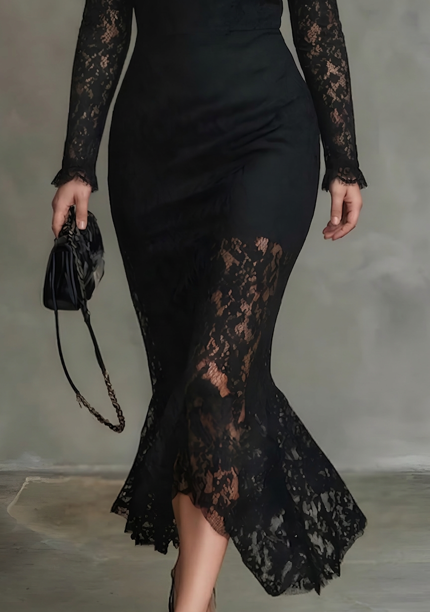 Elegant Svart Stretch Spets Fishtail Maxi Klänning