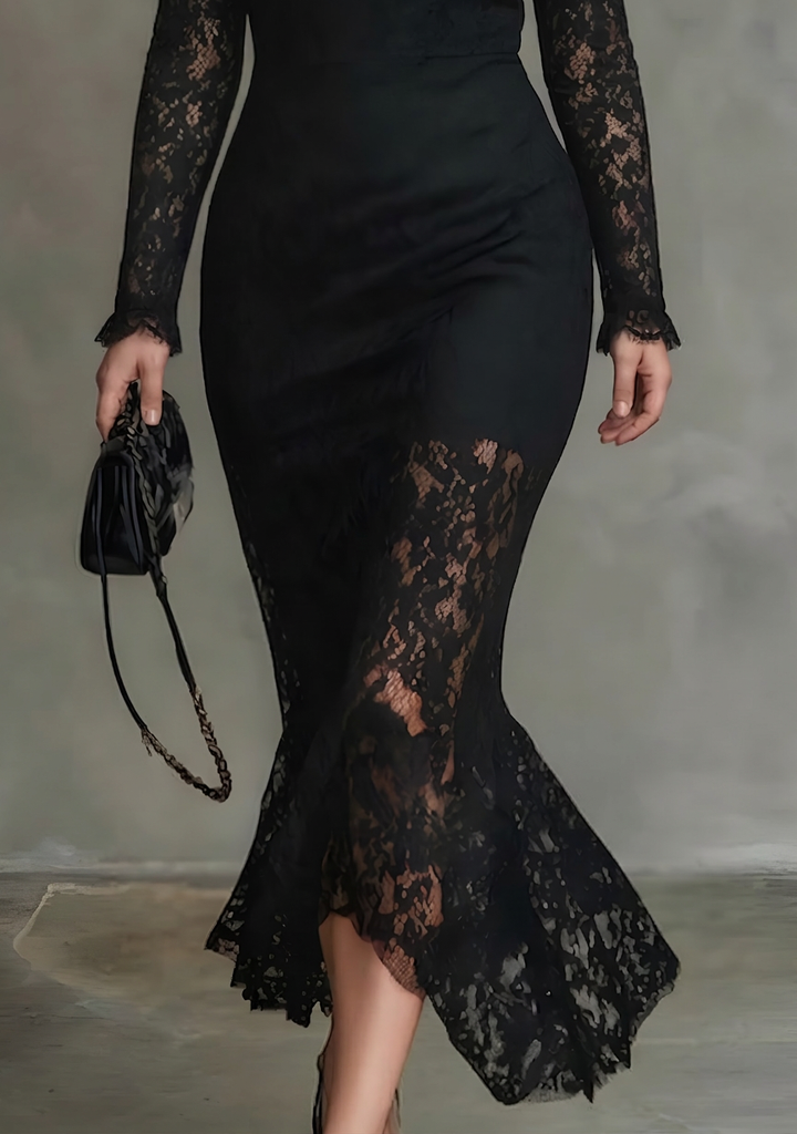 Elegant Svart Stretch Spets Fishtail Maxi Klänning
