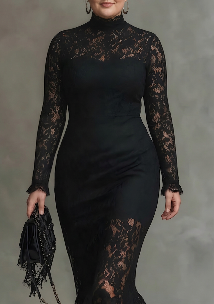 Elegant Svart Stretch Spets Fishtail Maxi Klänning