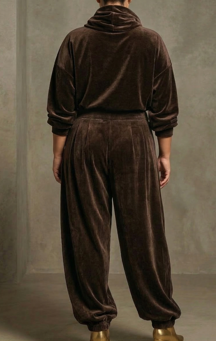 Vintage brun sammet hoodie och lösa byxor set (Inkluderar bälte)