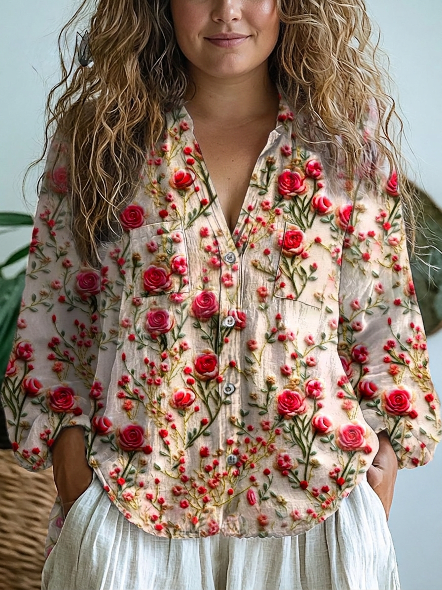 Daria | Retro Blommig Konsttryck Casual Långärmad