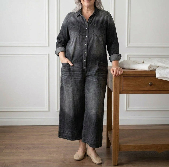 Pearl | Vintage Tvättad Mjuk Bomullsdenim Jumpsuit med Knäppning