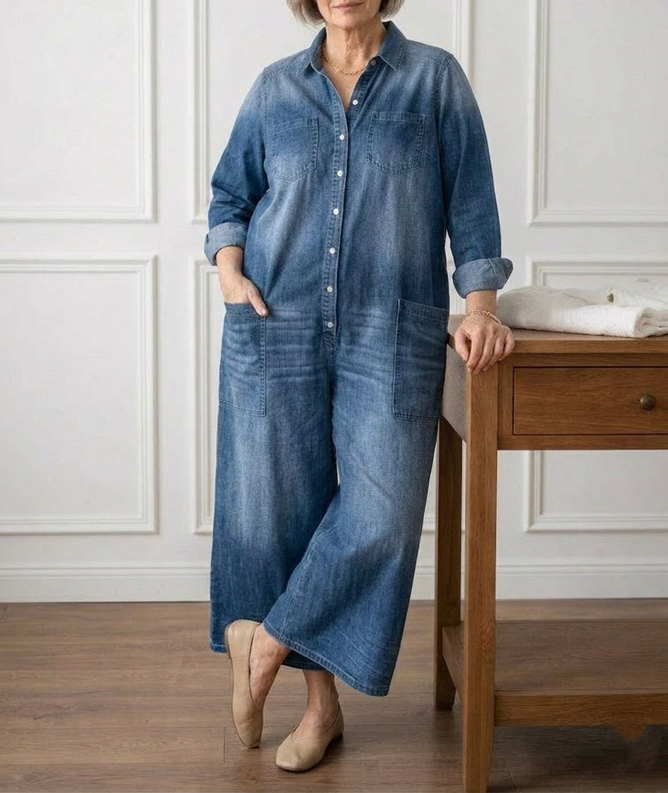 Pearl | Vintage Tvättad Mjuk Bomullsdenim Jumpsuit med Knäppning