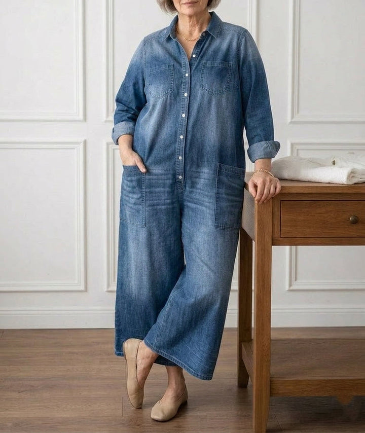 Pearl | Vintage Tvättad Mjuk Bomullsdenim Jumpsuit med Knäppning
